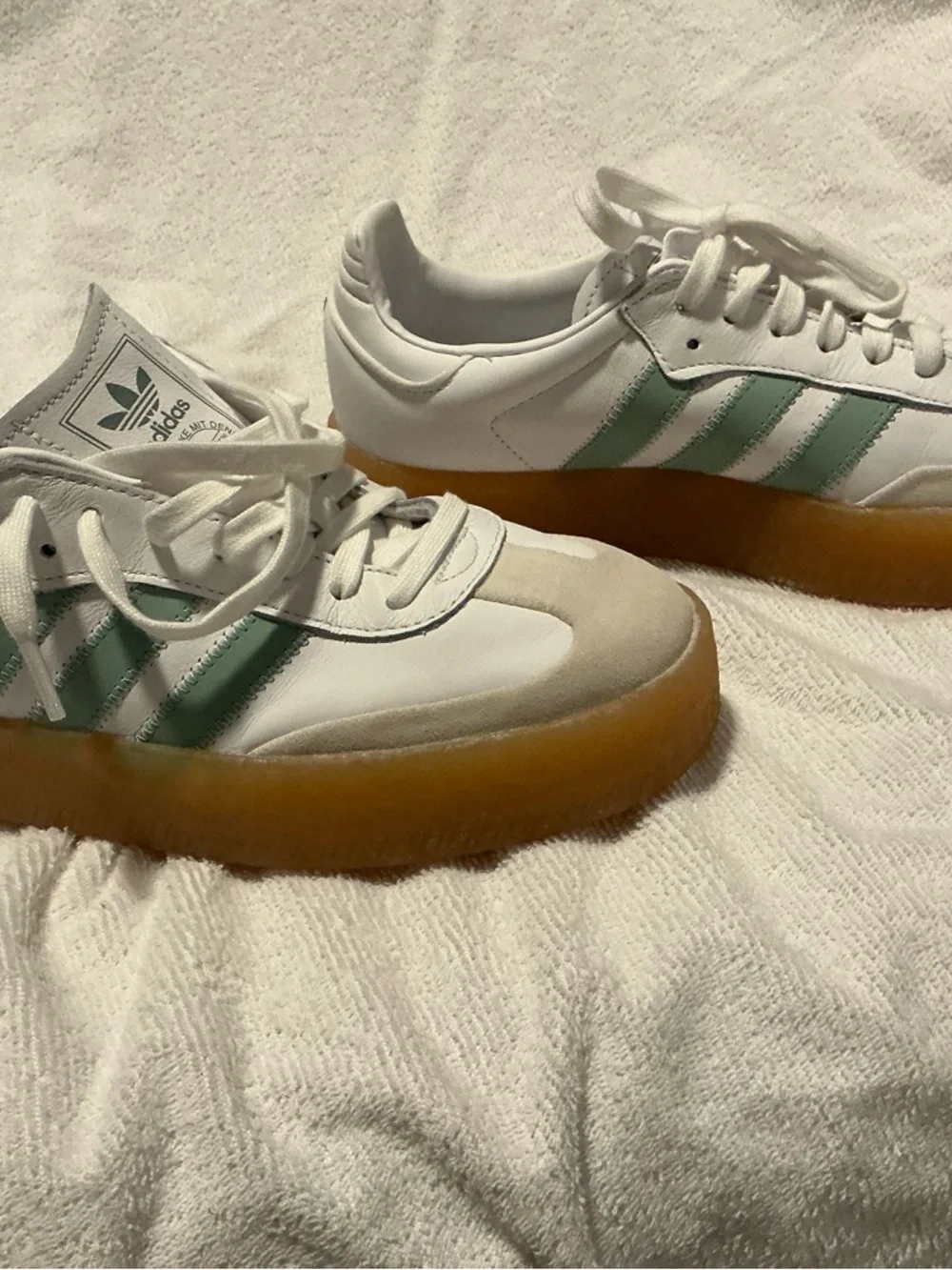 adidas Samba White Sneakers with Mint Green Stripes and Gum Sole - Picture 5 of 7